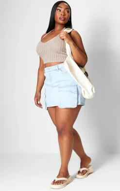 PrettyLittleThing Knitted Tops*Plus Mocha Crochet Halter Neck Crop Top