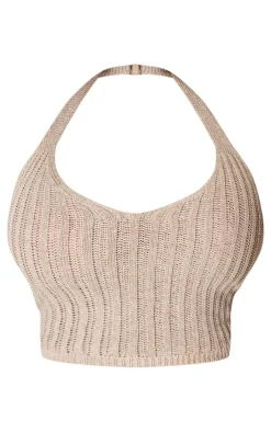PrettyLittleThing Knitted Tops*Plus Mocha Crochet Halter Neck Crop Top