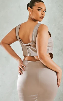 Best PrettyLittleThing Plus Embroidered Floral Satin Top Mocha