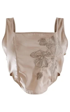 Best PrettyLittleThing Plus Embroidered Floral Satin Top Mocha