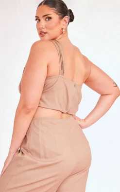 Online PrettyLittleThing Plus One Shoulder Corset Top Mocha