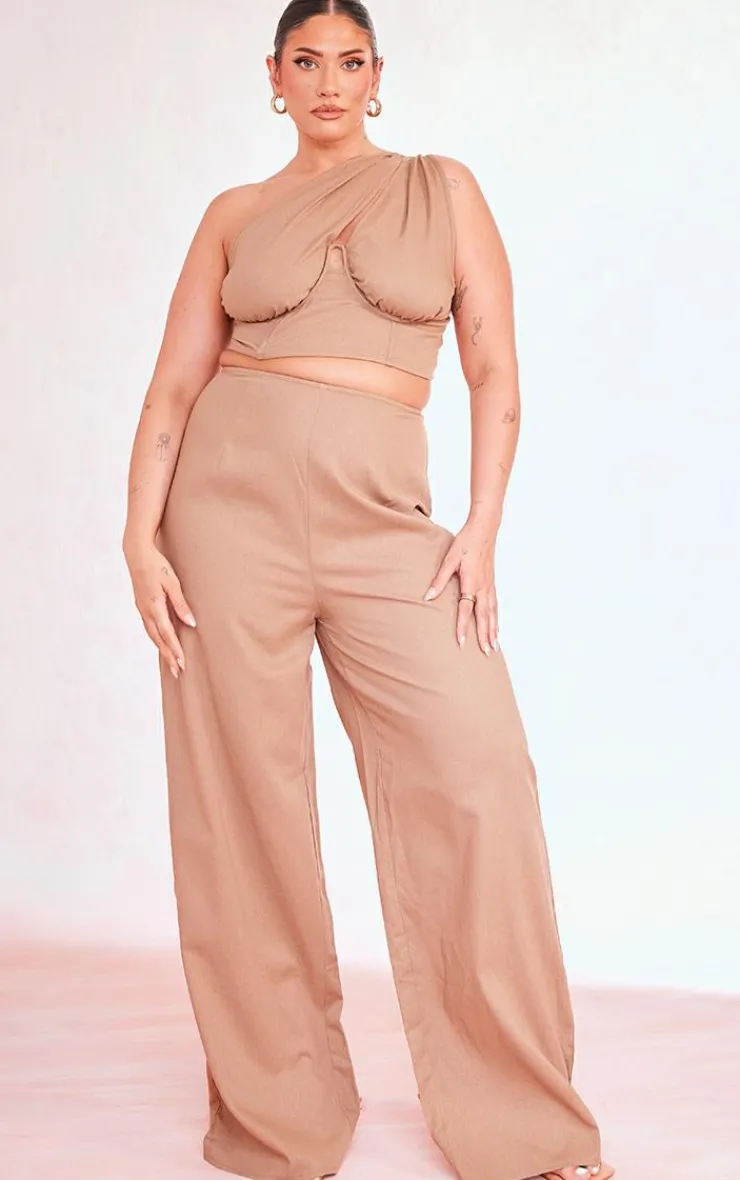 Online PrettyLittleThing Plus One Shoulder Corset Top Mocha