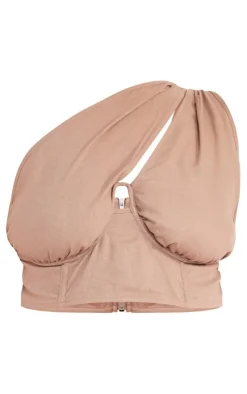 Online PrettyLittleThing Plus One Shoulder Corset Top Mocha