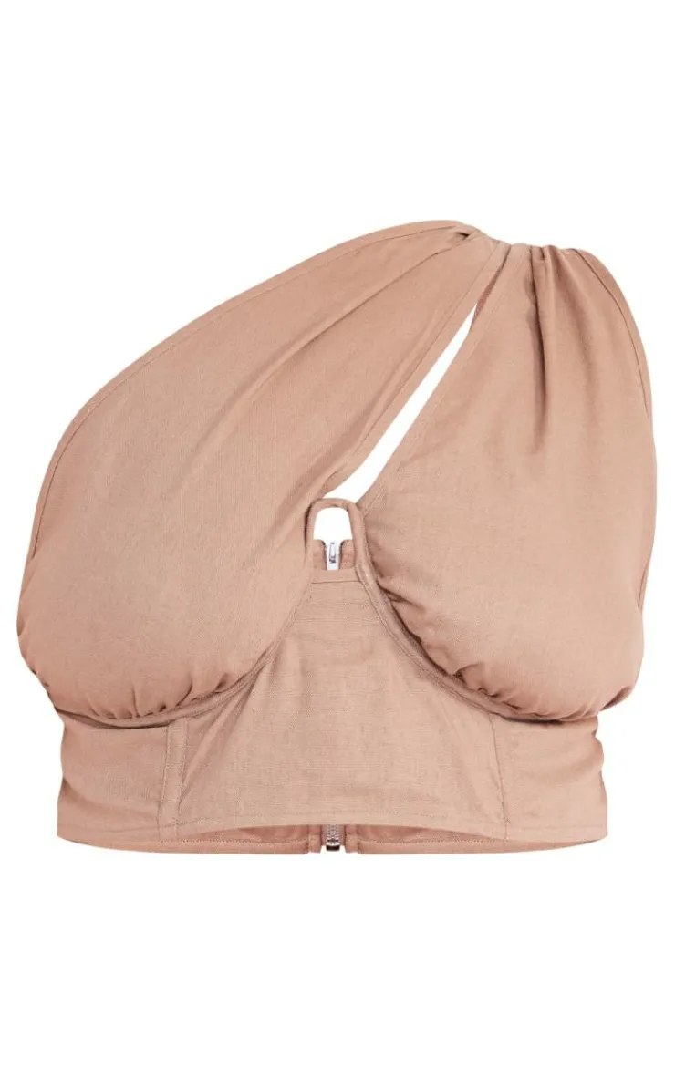 Online PrettyLittleThing Plus One Shoulder Corset Top Mocha