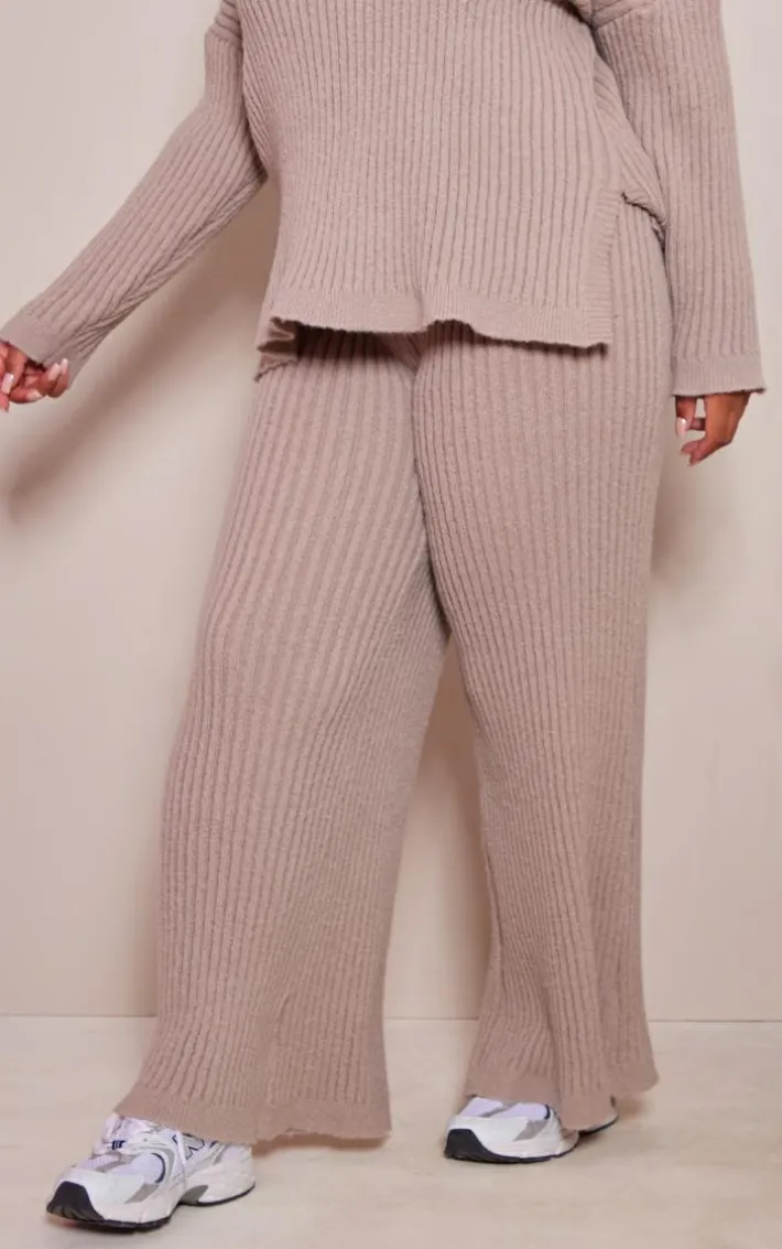 Plus Mocha Ribbed Wide Leg Knitted Pants