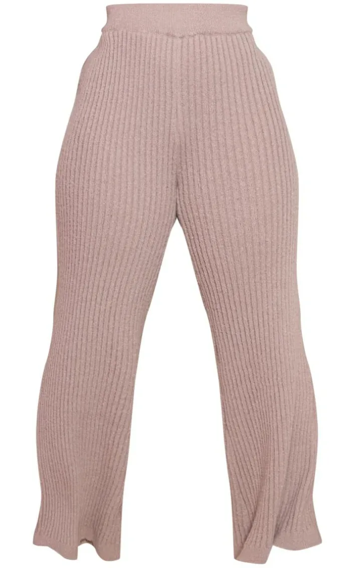 Plus Mocha Ribbed Wide Leg Knitted Pants