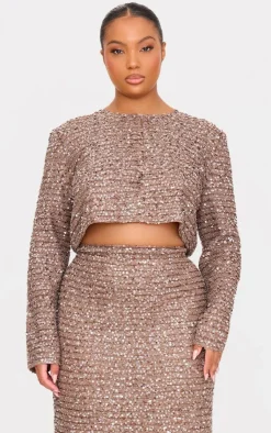 Discount PrettyLittleThing Plus Sequin Long Sleeve Button Up Crop Top Mocha