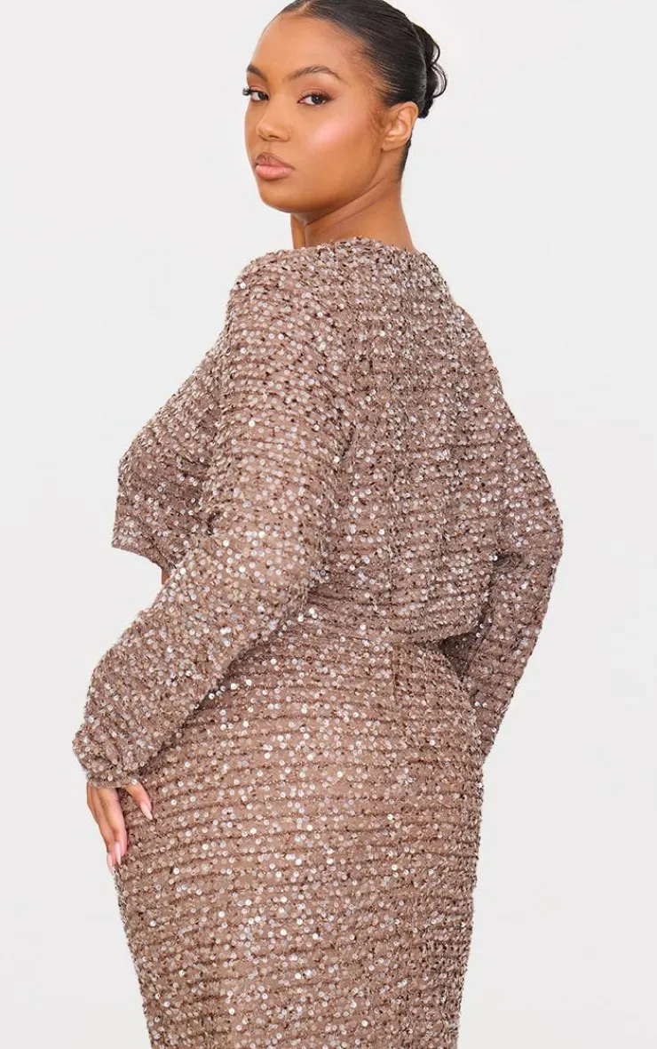 Discount PrettyLittleThing Plus Sequin Long Sleeve Button Up Crop Top Mocha