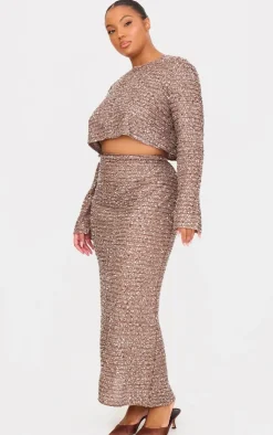 Discount PrettyLittleThing Plus Sequin Long Sleeve Button Up Crop Top Mocha