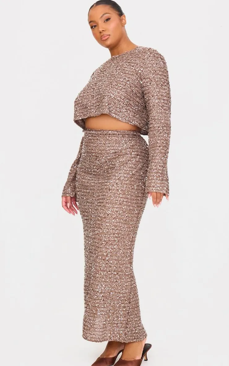 Discount PrettyLittleThing Plus Sequin Long Sleeve Button Up Crop Top Mocha