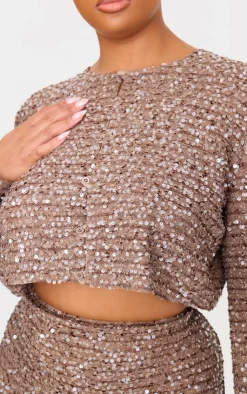 Discount PrettyLittleThing Plus Sequin Long Sleeve Button Up Crop Top Mocha