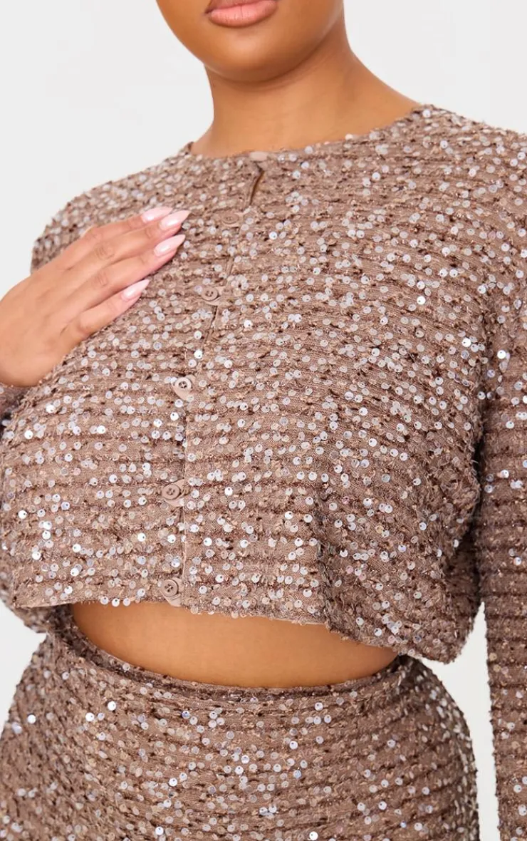 Discount PrettyLittleThing Plus Sequin Long Sleeve Button Up Crop Top Mocha