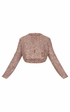 Discount PrettyLittleThing Plus Sequin Long Sleeve Button Up Crop Top Mocha