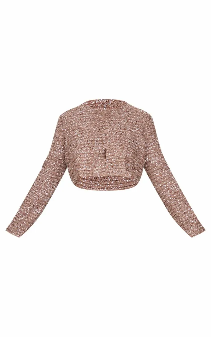 Discount PrettyLittleThing Plus Sequin Long Sleeve Button Up Crop Top Mocha