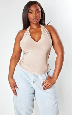 PrettyLittleThing Sleeveless Tops*Plus Slinky Halterneck Ruched Side Long Top