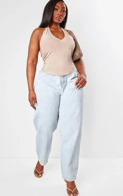 PrettyLittleThing Sleeveless Tops*Plus Slinky Halterneck Ruched Side Long Top