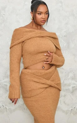 Discount PrettyLittleThing Plus Soft Bobble Knit Bardot Foldover Top Mocha
