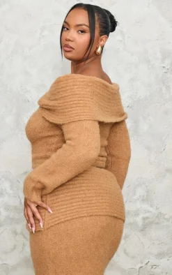 Discount PrettyLittleThing Plus Soft Bobble Knit Bardot Foldover Top Mocha