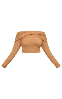 Discount PrettyLittleThing Plus Soft Bobble Knit Bardot Foldover Top Mocha