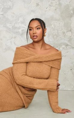 Outlet PrettyLittleThing Plus Soft Bobble Knit Foldover Maxi Skirt Mocha