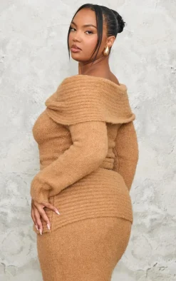 Outlet PrettyLittleThing Plus Soft Bobble Knit Foldover Maxi Skirt Mocha