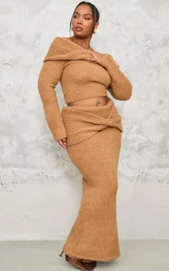 Outlet PrettyLittleThing Plus Soft Bobble Knit Foldover Maxi Skirt Mocha