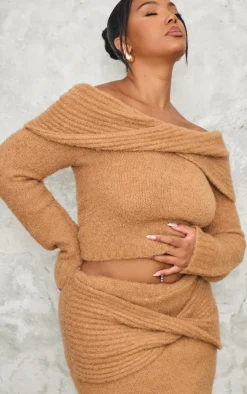 Outlet PrettyLittleThing Plus Soft Bobble Knit Foldover Maxi Skirt Mocha