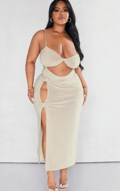 Online PrettyLittleThing Plus Cut Out Side Midi Skirt Moss Sand