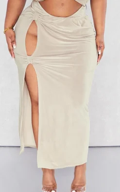 Online PrettyLittleThing Plus Cut Out Side Midi Skirt Moss Sand