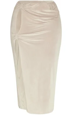 Online PrettyLittleThing Plus Cut Out Side Midi Skirt Moss Sand