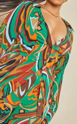 Outlet PrettyLittleThing Plus Abstract Print Chiffon Fitted Shirt Multi