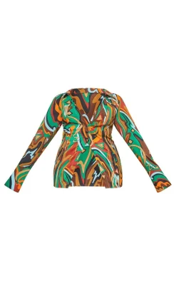 Outlet PrettyLittleThing Plus Abstract Print Chiffon Fitted Shirt Multi