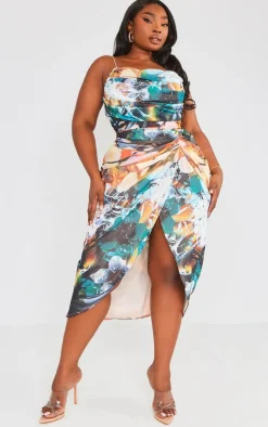 Plus Abstract Print Chiffon Ruched Drape Midi Dress-PrettyLittleThing Discount