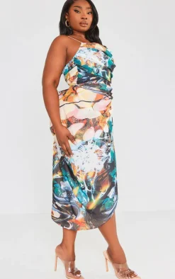 Plus Abstract Print Chiffon Ruched Drape Midi Dress-PrettyLittleThing Discount