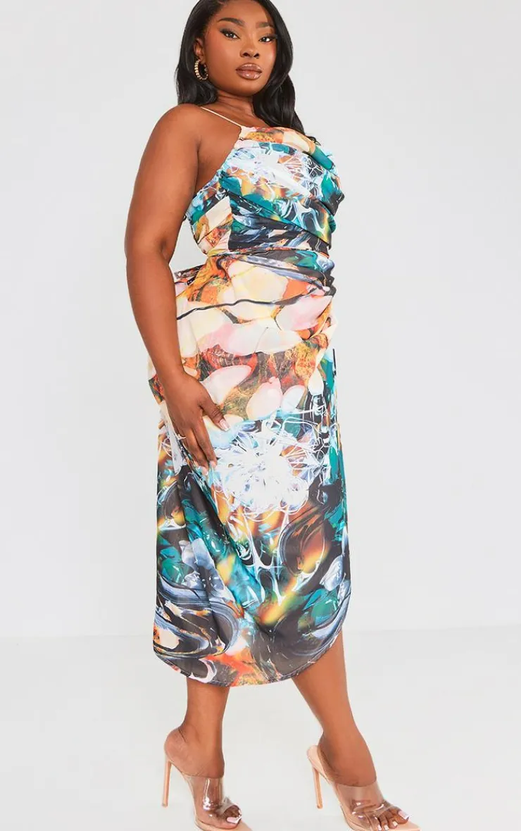 Plus Abstract Print Chiffon Ruched Drape Midi Dress-PrettyLittleThing Discount