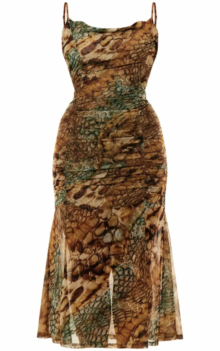 Plus Abstract Snake Print Double Layer Mesh Cowl Midi Dress-PrettyLittleThing Sale