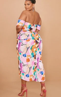 Plus Bardot Ruched Side Midi Dress-PrettyLittleThing Online