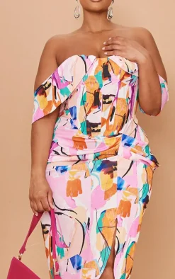 Plus Bardot Ruched Side Midi Dress-PrettyLittleThing Online