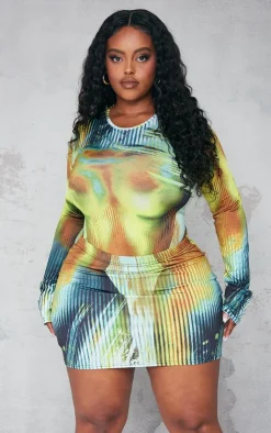 Best PrettyLittleThing Plus Body Print High Leg Bodysuit Multi