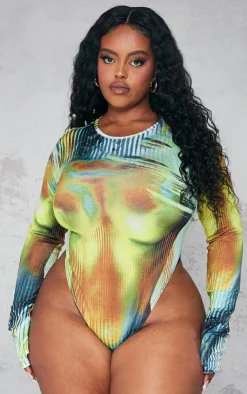 Best PrettyLittleThing Plus Body Print High Leg Bodysuit Multi