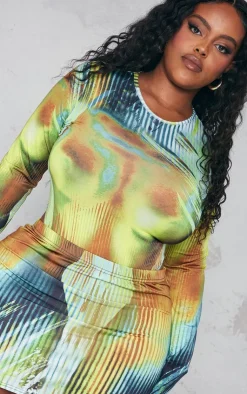 Best PrettyLittleThing Plus Body Print High Leg Bodysuit Multi