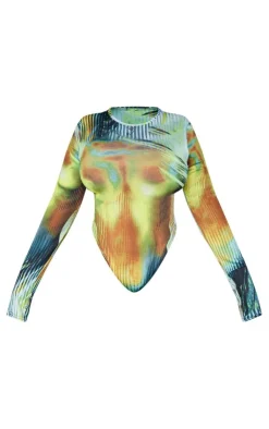 Best PrettyLittleThing Plus Body Print High Leg Bodysuit Multi