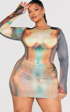 PrettyLittleThing Plus Ombre Body Print High Leg Bodysuit Multi