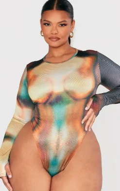 PrettyLittleThing Plus Ombre Body Print High Leg Bodysuit Multi