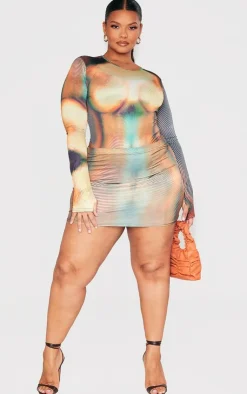 PrettyLittleThing Plus Ombre Body Print High Leg Bodysuit Multi