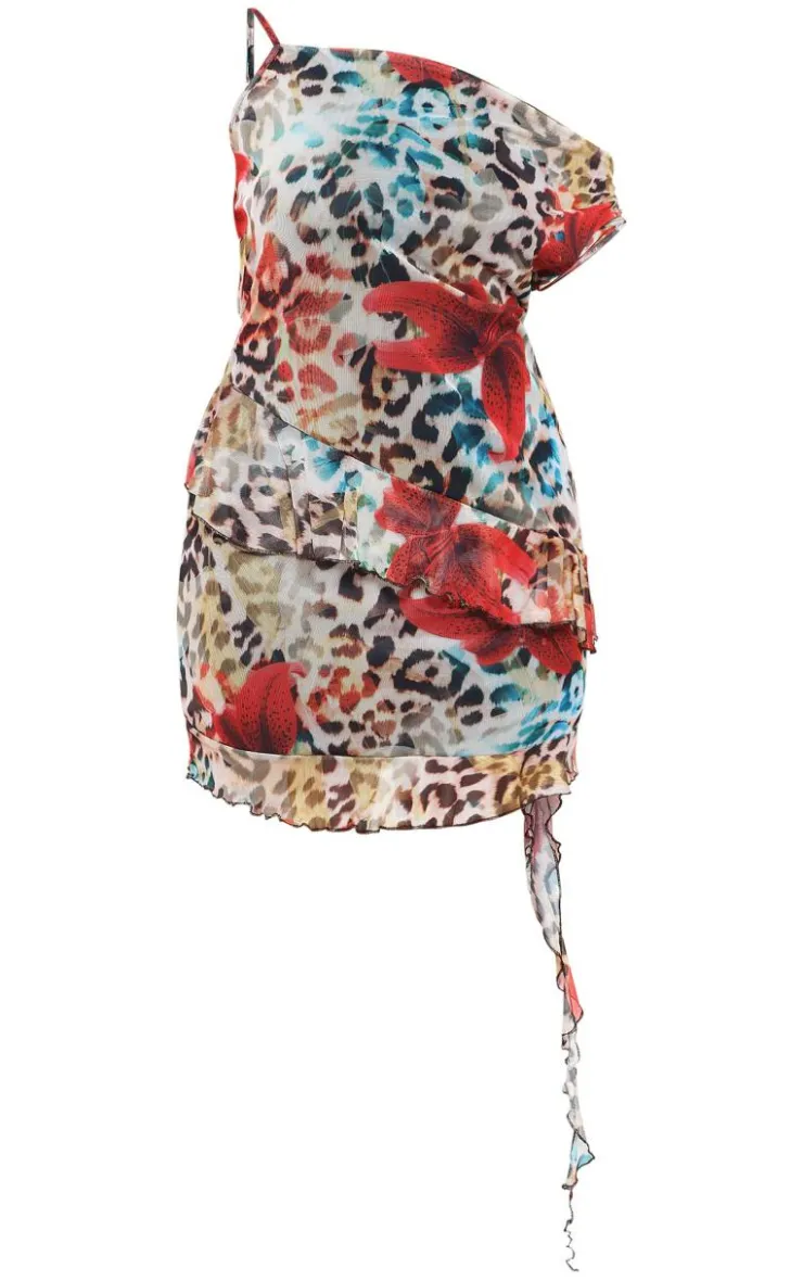 Plus Print Asymmetric Neck Frill Detail Bodycon Dress-PrettyLittleThing Hot
