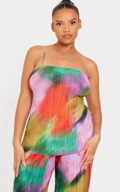 Discount PrettyLittleThing Plus Print Plisse Bandeau Top Multi