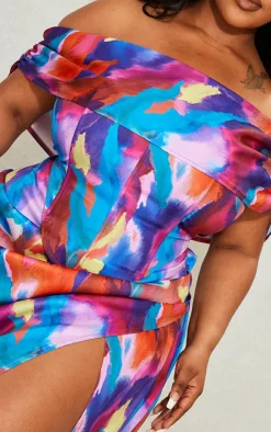 Sale PrettyLittleThing Plus Printed Asymmetric Bardot Corset Multi