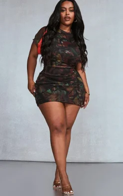 Best PrettyLittleThing Plus Printed Lettuce Hem Mesh Bodycon Skirt Multi