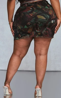 Best PrettyLittleThing Plus Printed Lettuce Hem Mesh Bodycon Skirt Multi